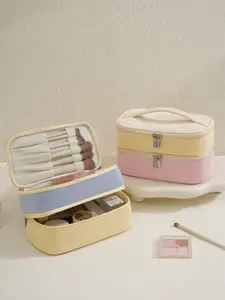 1Pc Double Layer Cute Striped Zipper Corduroy Makeup Bag With Top Handle, Y2K Travel Toiletry Organizer For Women – Cosmetic Pouch For Bathroom Or Suitcase Use, Portable Storage Bag, Makeup Containers, Gift For Valentine's Day