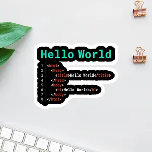 Hello World Sticker, Cute HTML Coding Script Design for Programmers, Dev Humor Vinyl Decal for Software Developers & Computer Science Students, Tech Gift