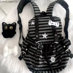LuneLingerie Punk-Style Multi-Pocket Backpack - Cat Paw Print, Bone, Star, Colorblock, Striped, Water-Resistant, Durable, Large-Capacity, Unisex Fashion Casual Bag for Commuting, School