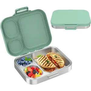 Stainless Bento Box for Kids| 3-Compartment Box Container Kids| 100% Leakproof, Eco-Friendly, Perfect Portion for Kids&Adult Healthy Meals (Green)