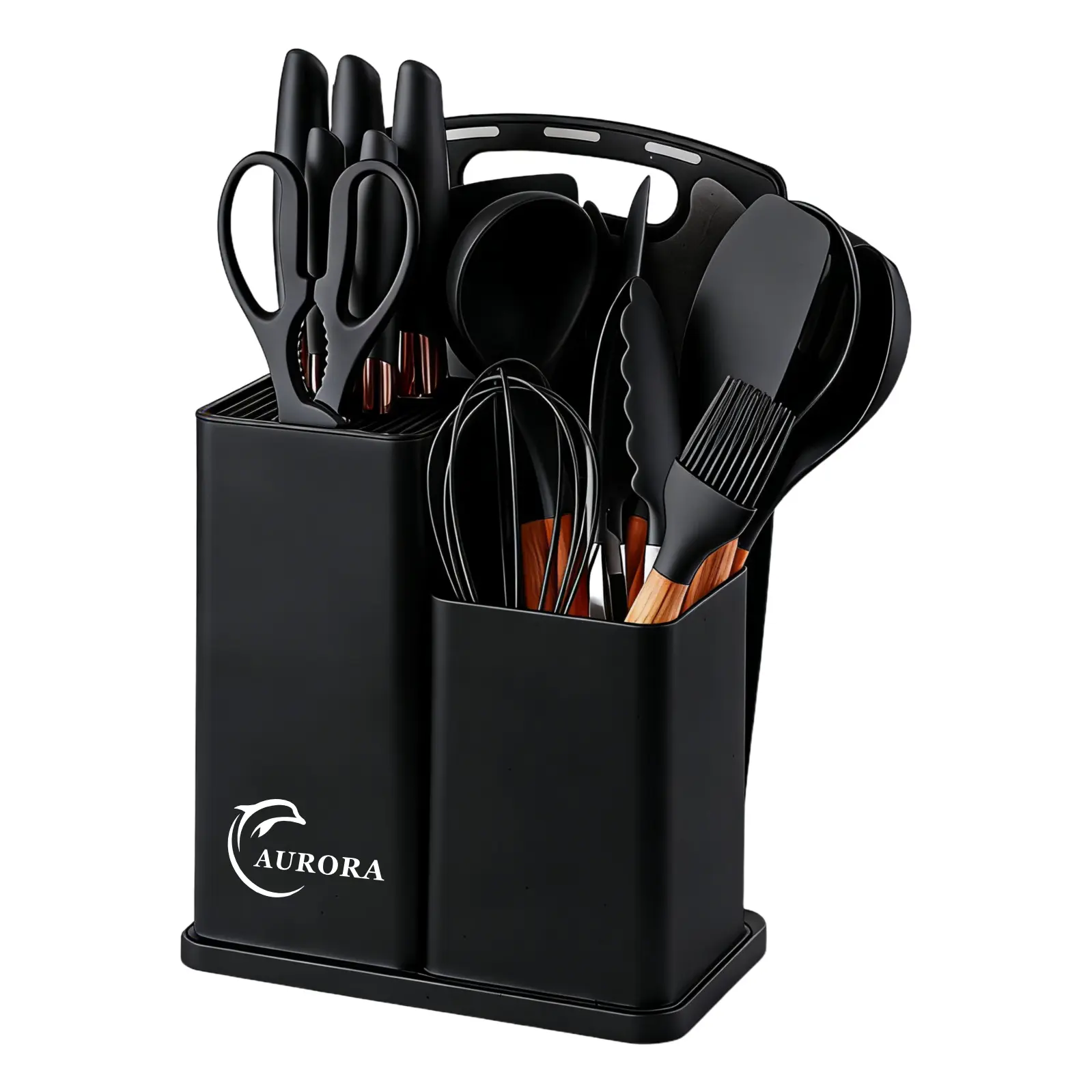 19 PCS Silicone Cooking Utensils Set, Wooden Handle Kitchen Tools with Knives, Cutting Board & Storage Holder, Food Grade Heat Resistant Non-Scratch Utensils