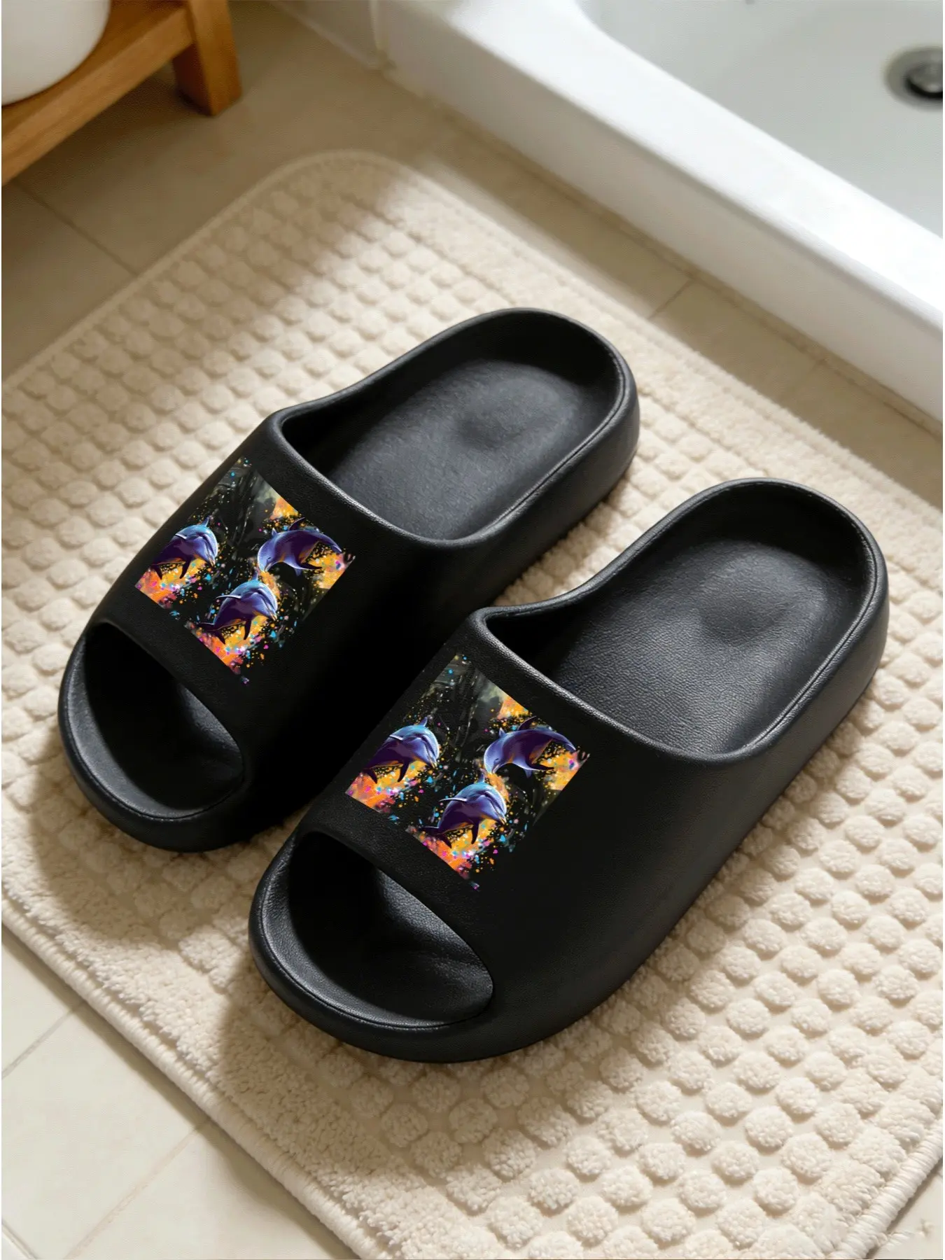 Colorful Dolphin Print Thick Sole Sandals, Non-Slip Bathroom Slippers, Casual All-Season Footwear, Perfect for Home Use