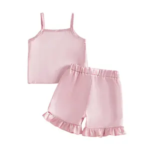 Baby Girl Clothes Satin Pajamas Set Toddler Girl Pink Silk Sleepwear Spaghetti Strap Tank Top Ruffle Shorts 2Pcs 6M 12M 18M 2T 3T PJs