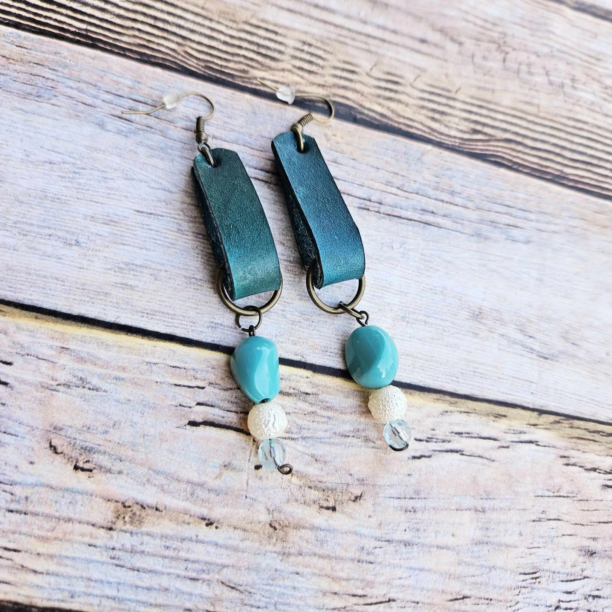Handcrafted Teal & Brick Red Leather Dangle Earrings with Beads