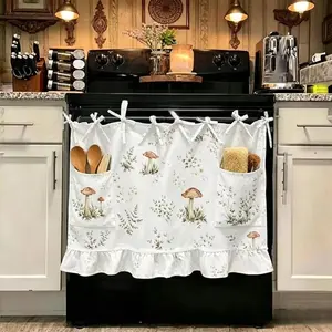 Kitchen Apron with Pockets, Multi-Functional Stove Cover, Dishwasher Curtain, Farmhouse Plant Print, Oven & Microwave Storage, Spring Door Curtains