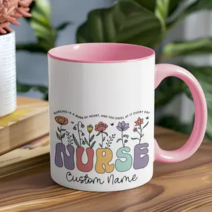 Personalized Nurse Mug, Nurse Appreciation Coffee Mug, Custom Name Nurse Gift, Floral Nursing Profession Ceramic Cup, Nurse's Day Present