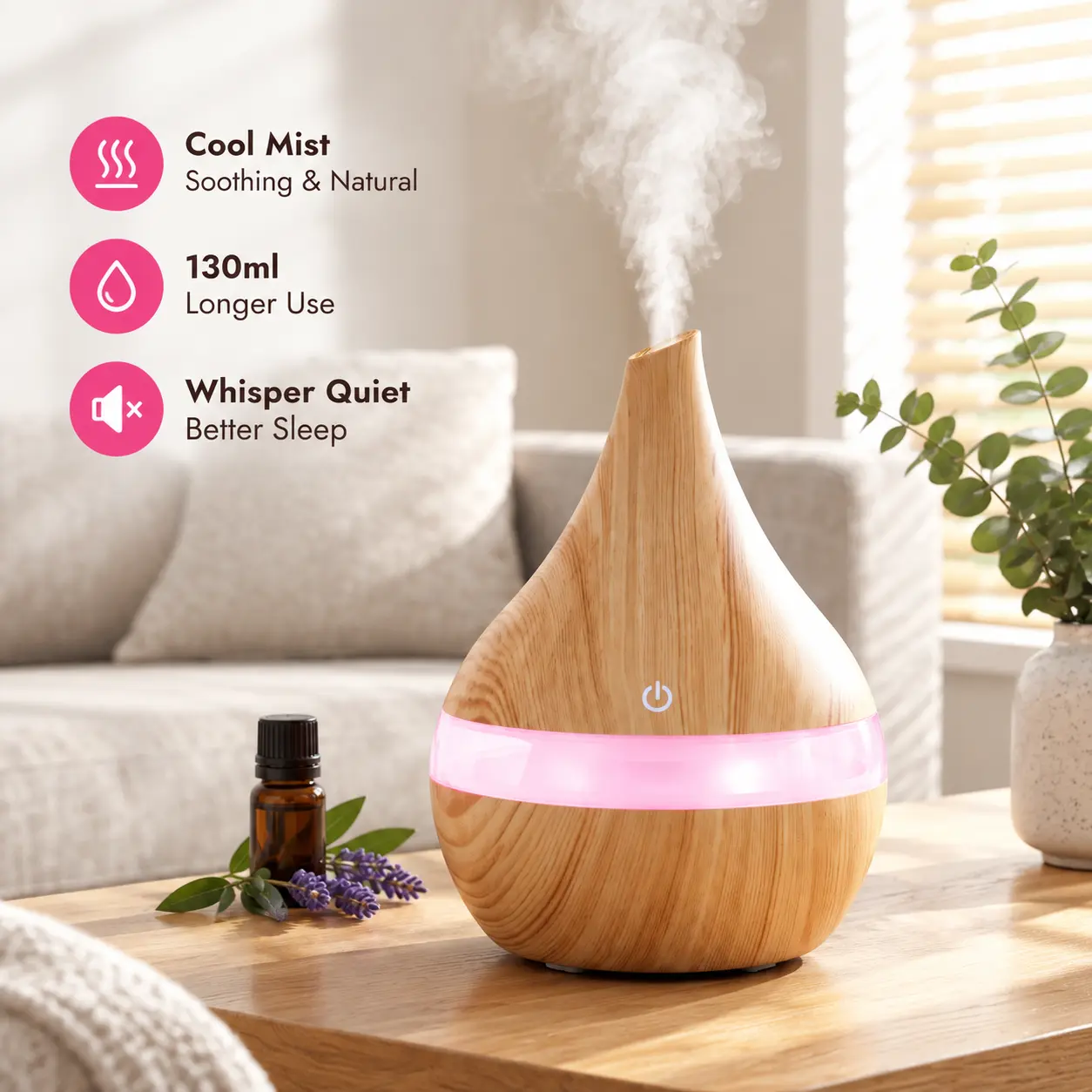 Wood Grain Essential Oil Diffuser, 300ml Ultrasonic Cool Mist Humidifier with 7 Color LED Light, Whisper Quiet Aromatherapy Diffuser for Bedroom Sleep, Office, Yoga, Spa, Home Decor Christmas Gifts