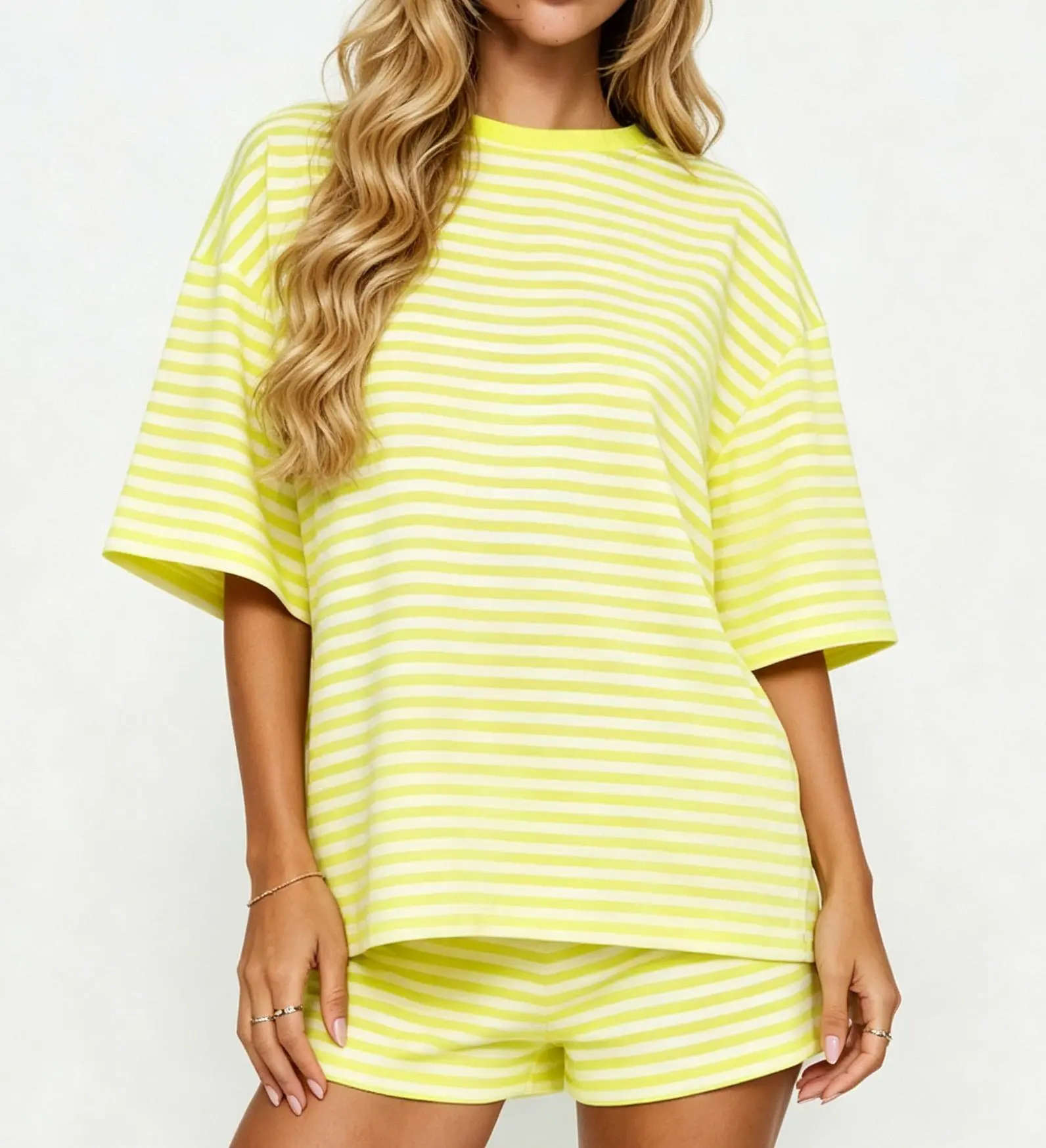 Y2K Striped Matching Co-ord Loungewear Set for Women, Ultra-Soft Knit Oversized Short Sleeve Tee with Relaxed Fit, Drawstring High Waist Casual Shorts, Versatile Two Piece Outfit for Indoor Daily Wear, Holiday Travel & Trendy Street Style