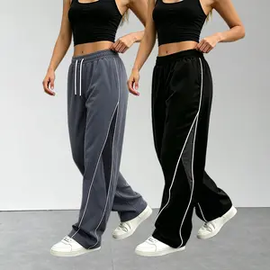 Women's 2-Pack Polyester Track Pants, Lightweight Comfy Blue Striped Wide-Leg Urban Streetwear, Spring-Summer Elastic Waistband with Drawstring Color-Block Casual Long Pants, Polyester Pants
