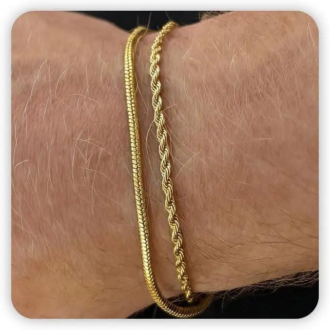 Men's Gold Bracelets Jewelry - Dainty Gold-Plated Stainless Steel Snake Links Bracelet Set with Chain Stack, Rope, Figaro, Herringbone, Adjustable Cuban Links for Male Wear, Birthday Gifts