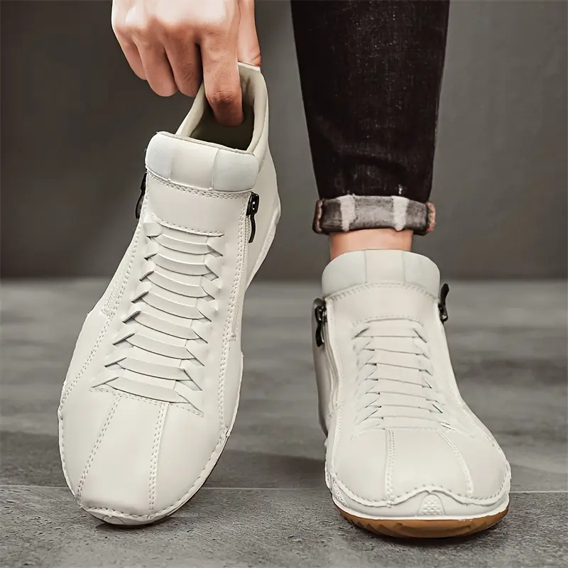 Men's Minimalist Fashion Ankle Boots - Solid Ivory White PU Fabric, Round Toe, Lace-Up Front, Side Zipper, Slip-On Design, Cushioned Insole, All-Terrain Rubber Sole Casual Footwear, Shoe, Closed, Pu Leather