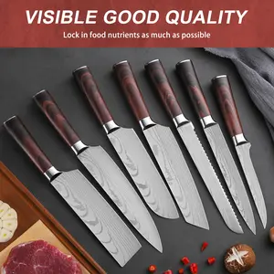 7pcs, knife set, Damascus knife set, fruit knife, peeler, vegetable knife, chef's knife, kitchen chef's knife, meataver, boning knife, portable knife for home, outdoor camping dormitory, kitchen utensils.