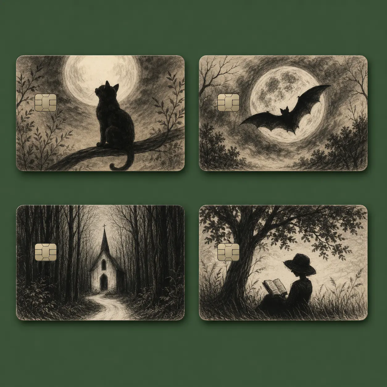 Vintage Gothic Sketch Card Skin Sticker – Dark Academia Halloween Waterproof Vinyl Cover for Debit/Credit Card