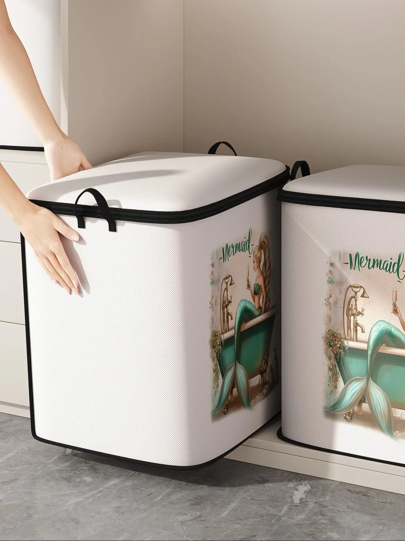Mermaid Printed Thick Quilt Storage Bag, Cute and Practical Kids Bedding Organizer, Durable Material, Easy Carry Handle, Home Use, Storage Totes