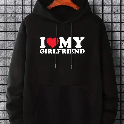 Men's Slogan Heart Graphic Long Sleeve Hoodie, Casual Regular Fit "I Love My GF" Print Drawstring Sweatshirts, Men's Clothes for Spring Fall Winter