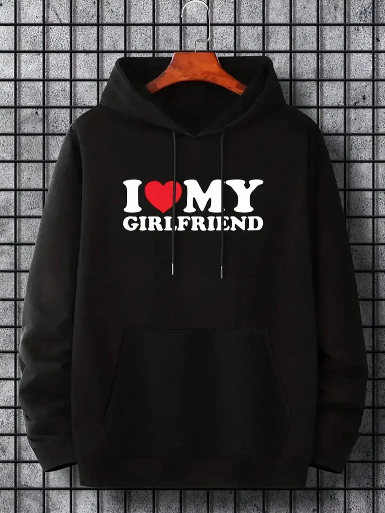 Men's Slogan Heart Graphic Long Sleeve Hoodie, Casual Regular Fit "I Love My GF" Print Drawstring Sweatshirts, Men's Clothes for Spring Fall Winter