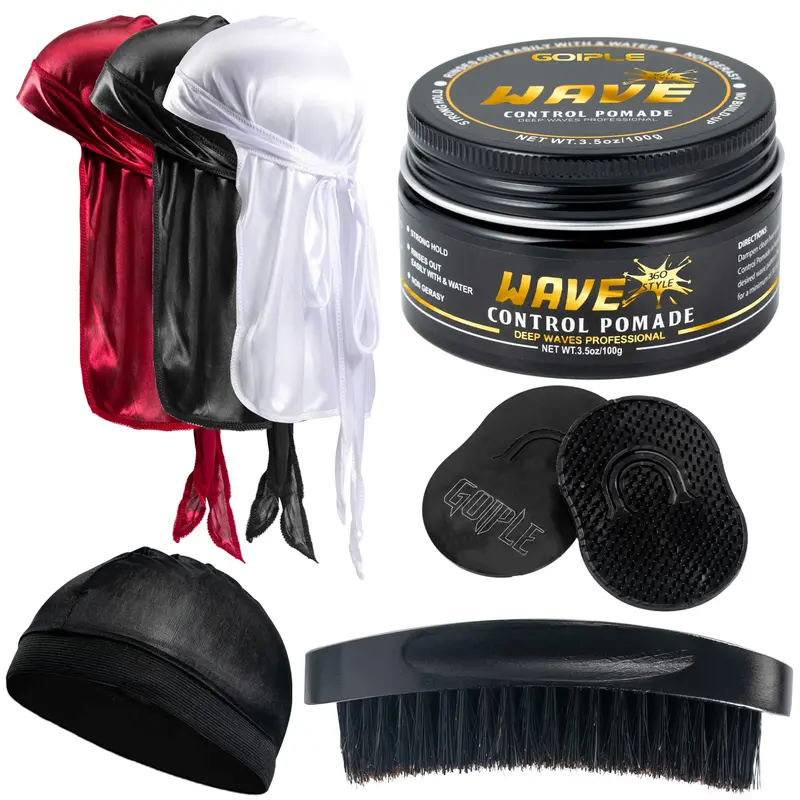 Goiple Men's 360 Wave Kit for Adults - Long-Lasting Hold Pomade, Gel, Curved Brush, Durag Cap Set, Residue-Free Hold Hair Product for Silky Anti-Frizz Waves, Sleeping Use, Mensfashion Gift