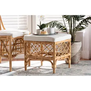 212 MAIN Modern Bohemian Soft Padded Footstool - Single-Seat Square Ottoman, Compact White Fabric-Upholstered Stool, Natural Rattan Openwork Frame, Woven Accents, Living Room Furniture, Furniture Living Room