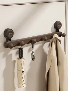UFORU  Suction Cup Coat Rack for Wall, No Drill Towel Hook Rack with 5 Pegs, Reusable Wall Mounted Hooks, Wood Grain Hat Rack for Bathroom, Entryway, Bedroom, Door, Jackets, Towels, Bags and Keys