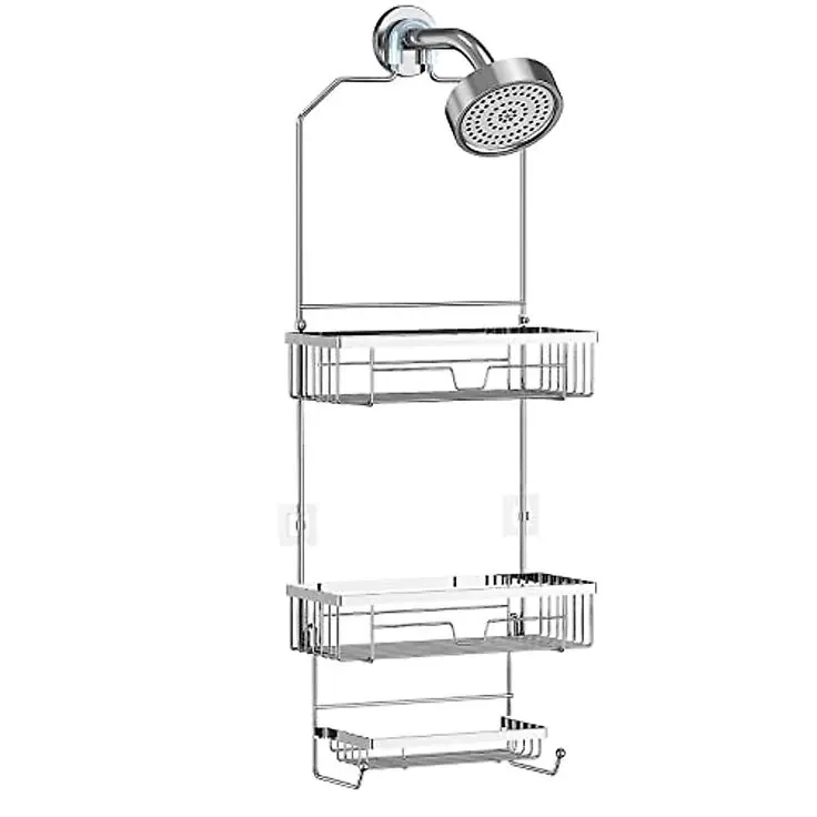 Over Shower Head Caddy, SUS201 Stainless Steel Hanging Shower Organizer with 3 Shelves & Hooks, Rustproof Bathroom Storage Rack for Shampoo, Soap, Razor & Bath Accessories, Silver