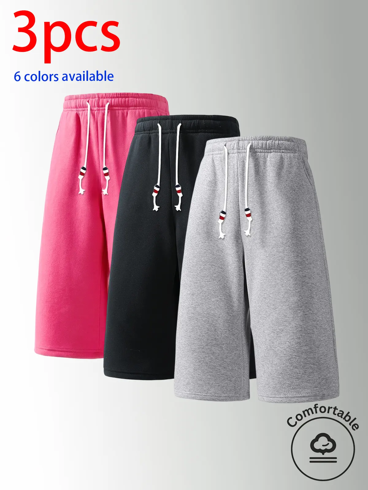 3-pack men’s shorts: men’s casual shorts, men’s mid-length shorts, men’s athletic shorts. Loose straight fit, elastic waistband with drawstring design, soft and skin-friendly, available in multiple colors, solid color for easy matching. Suitable for every
