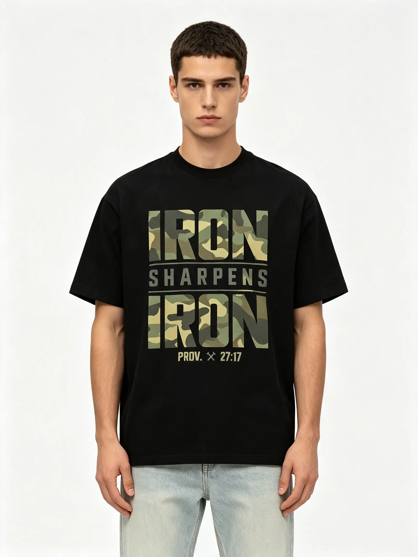 Men's Oversized Graphic T-Shirt, 100% Cotton Retro Streetwear Top with Proverbs 27:17 Camo & Geometric Print, Unisex Fit, Chinese New Year, Basic Menswear Menswear Menswear Crewneck Tropical Crewneck Tshirt Classic Tshirt Classic