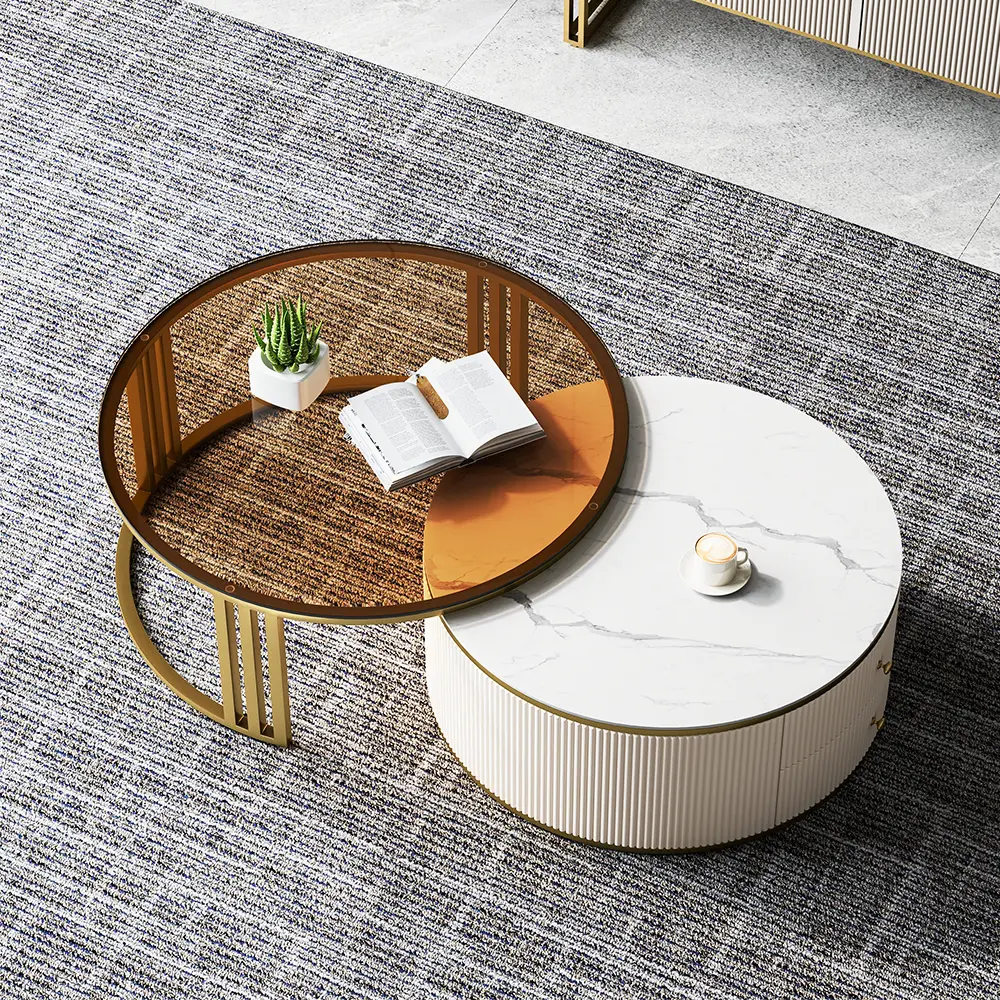 Homary Grovyn 28"-32" Round Nesting Coffee Table Set with Sintered Stone Top