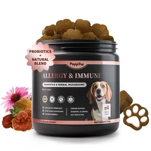 PopPaw Dog Allergy & Immune Support Chews – Probiotic Supplement for Seasonal Allergies, Gut & Skin Health, with Functional Mushrooms for Joint, Energy & Itch Relief – Bacon Flavor Soft Chews, 90 Count