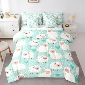 7 Pieces Sheep Comforter Set,Cartoon White Sheep Alpaca Print Bedding Set,Animal Theme Bed in A Bag with Comforter,Sheets and Pillowcases,Kids Boys Girls Room Decor
