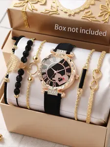Women's Fashion Watch & Fashionable Jewelry Set, Including Round Dial Analog Quartz Watch & Bracelet, Trendy Watch Set for Women As Gift