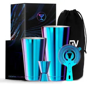 Boston  Shaker Bar Set, Bartender Kit Drink Mixer Set with 18 oz & 28 oz Boston Shakers, Hawthorne Strainer, Double Jigger, Bar Tool Kit and Recipe Booklet - Rainbow