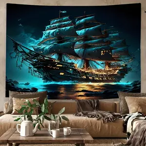 Pirate Ship Tapestry Ocean Backdrop Nautical Theme Wall Hanging Photography Background Sea Adventure Decor for Living Room Bedroom Indoor Outdoor Party Decoration