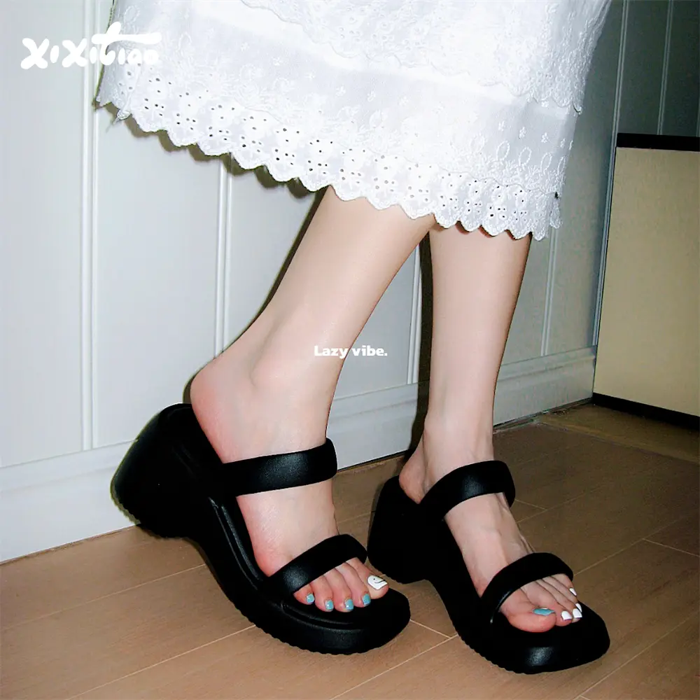Women's Thick Sole Casual Slippers Square Open Toe Slip-on Higher Platform Heeled Slide EVA low Wedge Sandals Summer Indoor Outdoor Heels Walking Shoes for Beach Daily Wear