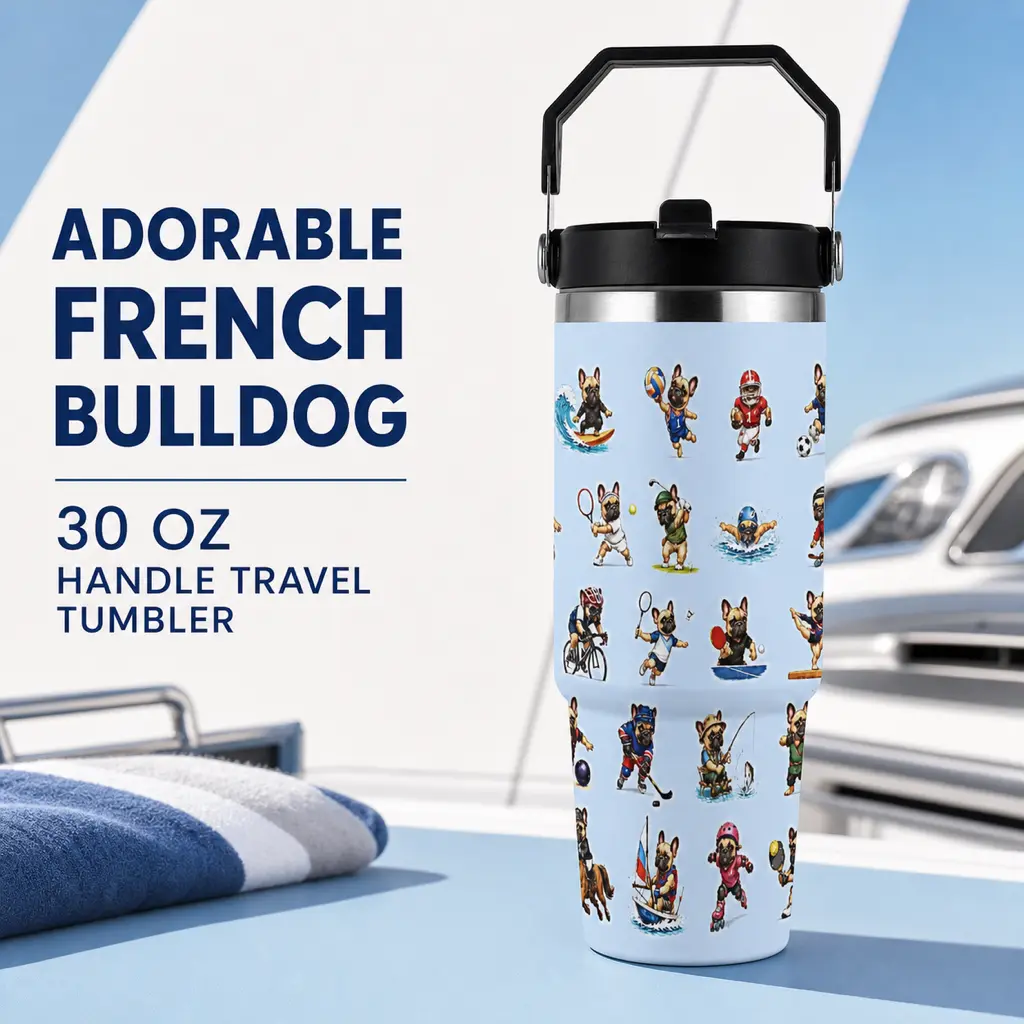 30 Cool French Bulldog Sports Designs 30oz Creative Stainless Steel Car Tumbler with Handle