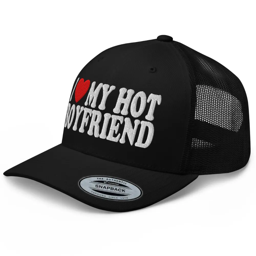 RIVEMUG NX I Love My Hot Boyfriend Embroidered Curved Bill Trucker Hat Mid Crown Adjustable Cap