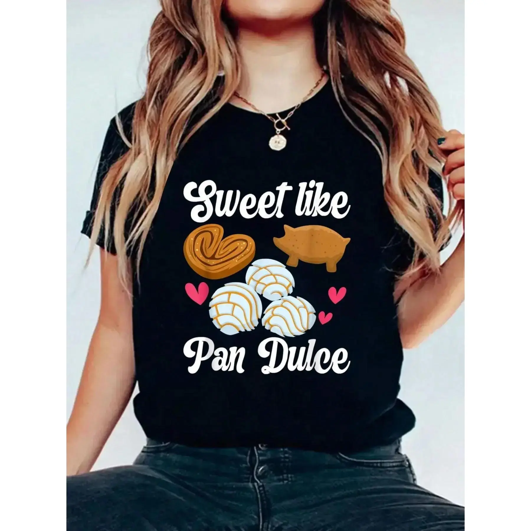 Sweet Pan Dulce Conchas Latina Mexican Mujer Concha Pastry T-Shirt  Print Cotton T-Shirt For Summer, Women's Soft Short Sleeve Top, Stylish Comfy Tee For Women Graphic Tees