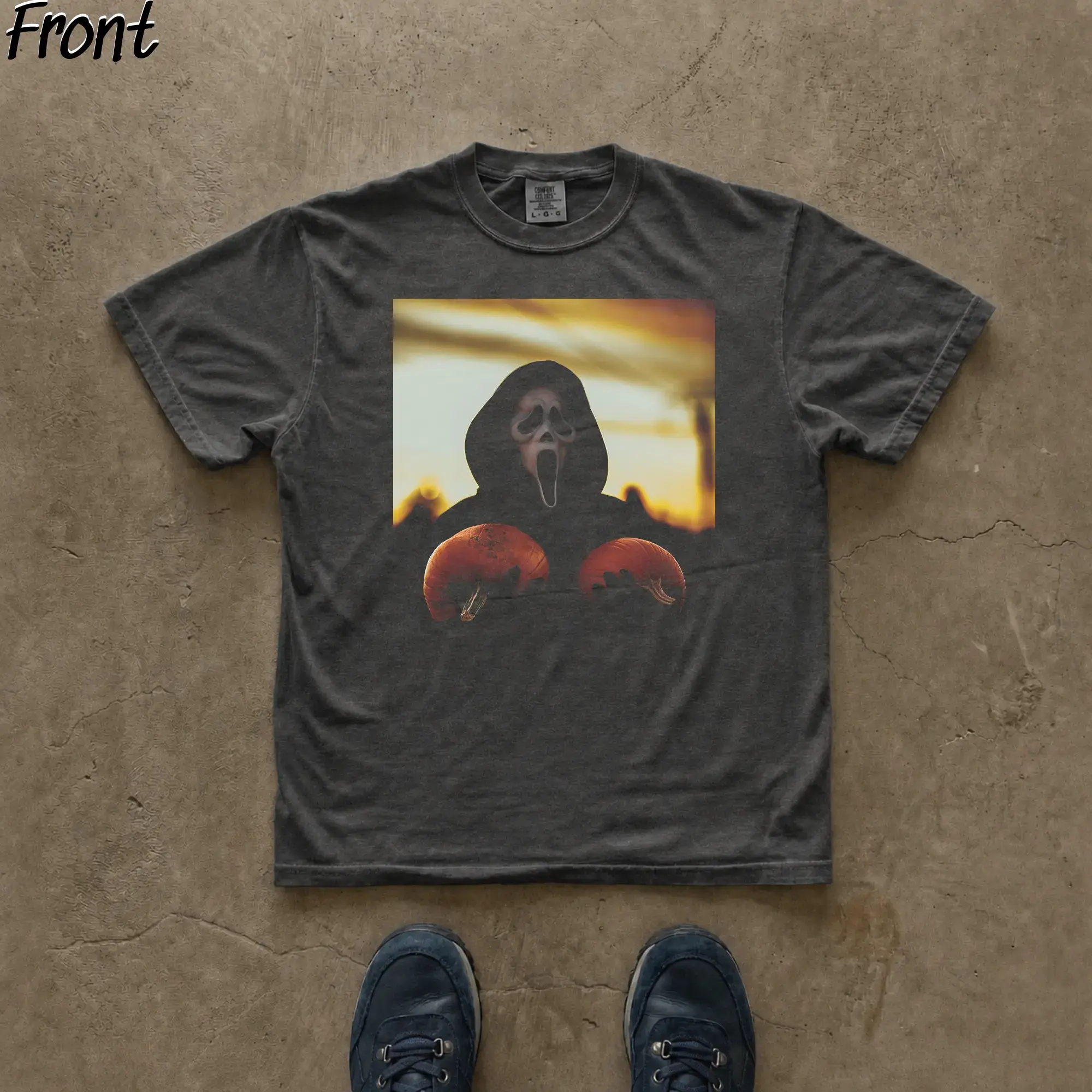 Vintage Ghostface with Pumpkins Graphic Tee - Scream Movie Shirt - Horror Movie Shirt - Cute Halloween Art Merch - Iconic Villains From Horror Films - Horror Movie Shirt - Spooky Season - Trick or Treat - Fall Season Casual Streetwear