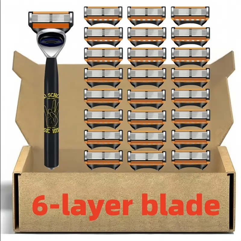 Vintage Fashion Men's Manual Shaver with 6 Layer Stainless Steel Blades, Safe Daily Grooming, Fully Washable, Face Hair Removal Tool