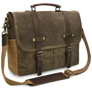 Mens Messenger Bag 15.6 Inch Waterproof Vintage Genuine Leather Waxed Canvas Briefcase Large Leather Computer Laptop Bag Rugged Satchel Shoulder Bag