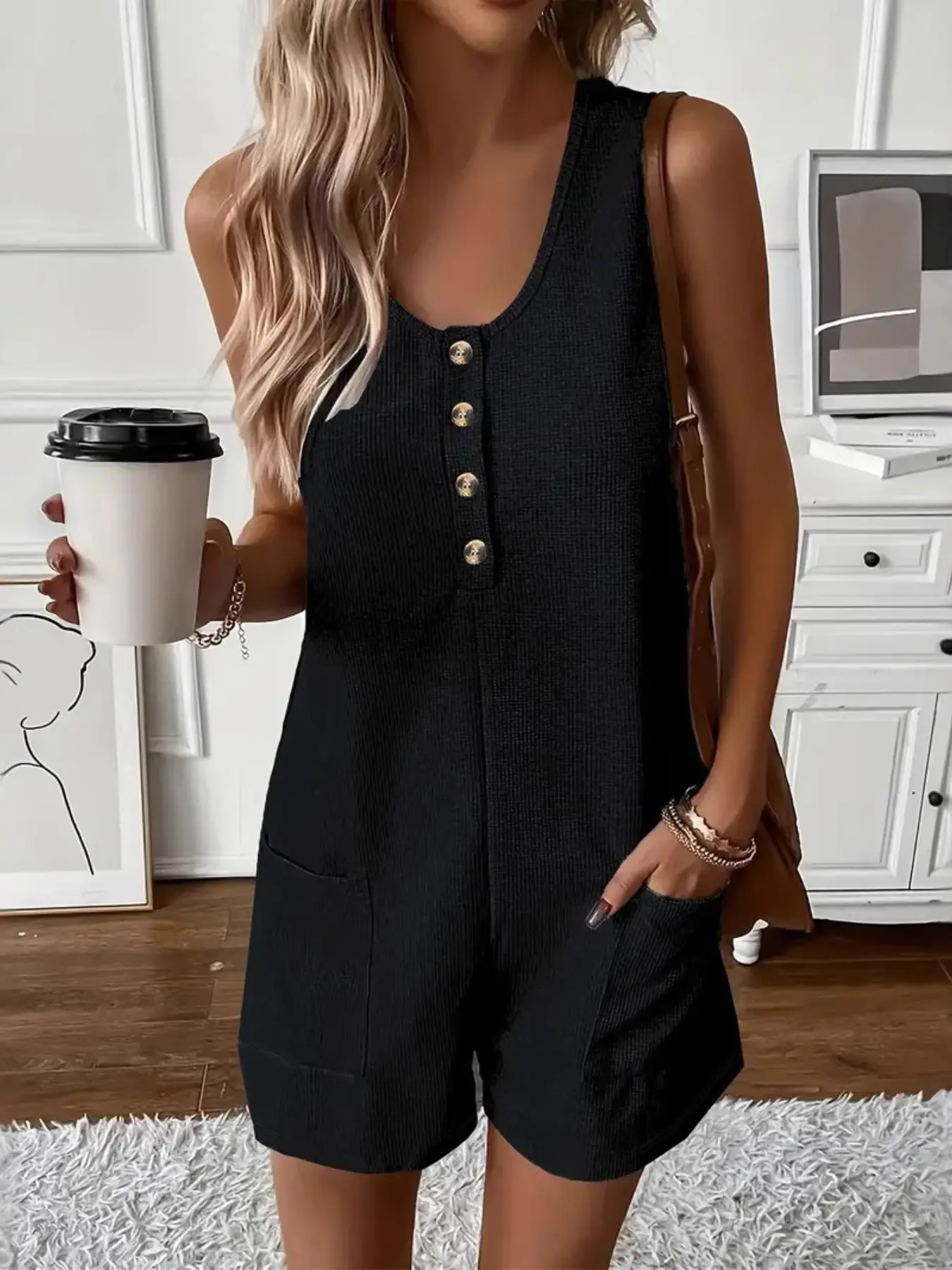 2026 Summer New Women's Casual Button Pocket Jumpsuit, Sleeveless Vest Romper, Casual Jumpsuits, Fashion, Chic, Trendy and Comfortable