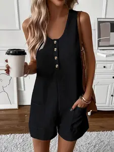 2026 Summer New Women's Casual Button Pocket Jumpsuit, Sleeveless Vest Romper, Fashion, Chic, Trendy and Comfortable, Casual Jumpsuits