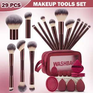 29pcs Facial Makeup Tool Set, 15pcs Makeup Brushes & Toiletry Bag & 3pcs Large Makeup Sponges & 3pcs Fan-Shaped Powder Puffs & 3pcs Mini Makeup Sponges & 3pcs Thumb Powder Puffs & Brush Cleaning Bowl