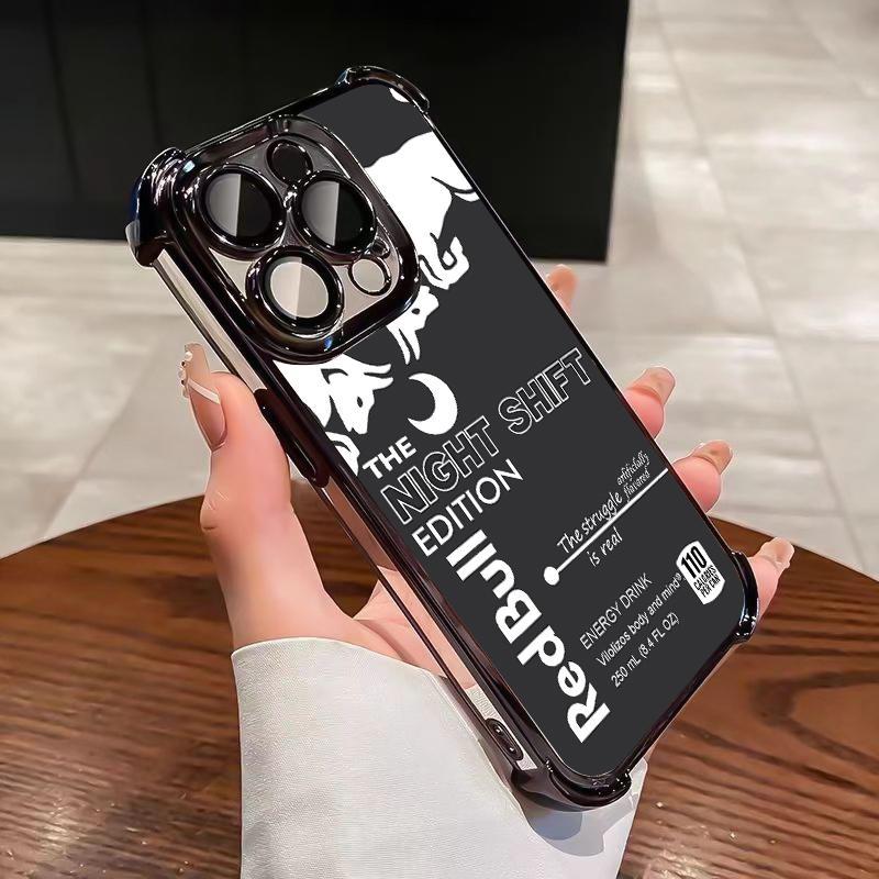 Red Bull for iPhone Case-Night Shift For iphone 17 16 15 14 13 12 11 Pro Max Plus Air Electroplating luxury transparent four corner anti drop and shockproof phone case 088 Protection Cover Protective Casing Black Smartphone Cellphone