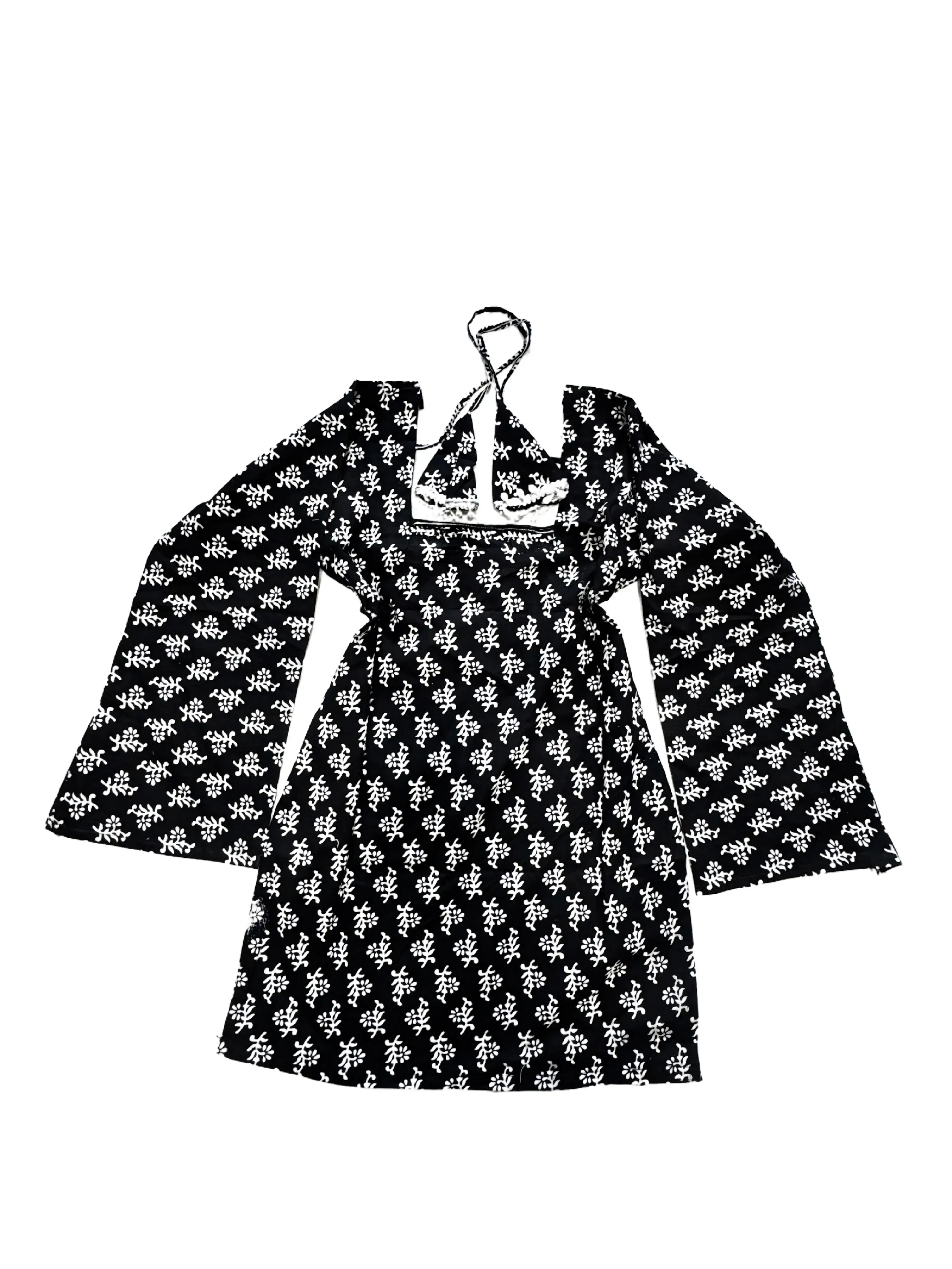 Full Sleeves Short Kurti in White Floral Pattern and Bow Detail for Women in Cotton Fabric