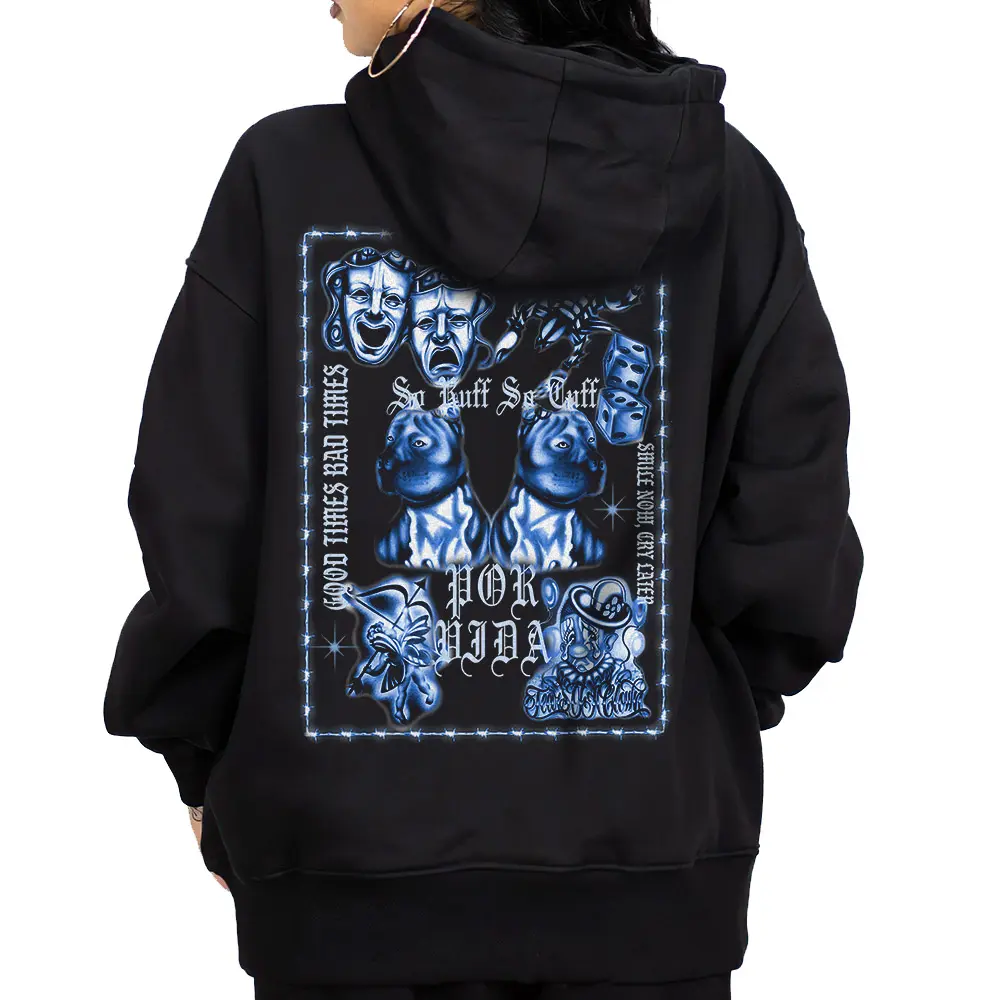 Men's Chicano-Inspired Pullover Hoodie - Smile Now Cry Later Airbrush Pitbull Graphic, Chicana Art Cotton Casual Long Sleeve Sweatshirt, Unisex Loose Fit Menswear Urban Fashion Top, Sweatshirts, Longsleeves, Halloween, Cute, Thanksgiving, Airbrushed, East