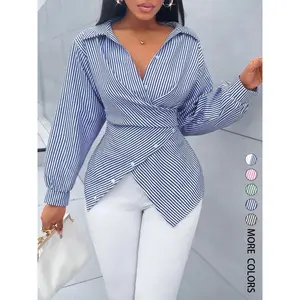 Women's Striped Print Button Front Collared Casual Shirt, Button Down Shirt,Asymmetrical Hem ,Wrap Blouse,Long Sleeve,Fitted,Elegant,Daily Commuting,Going Our,All Season