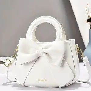 Fashion Women's Purse with Elegant Bow Design and Adjustable Strap White Color
