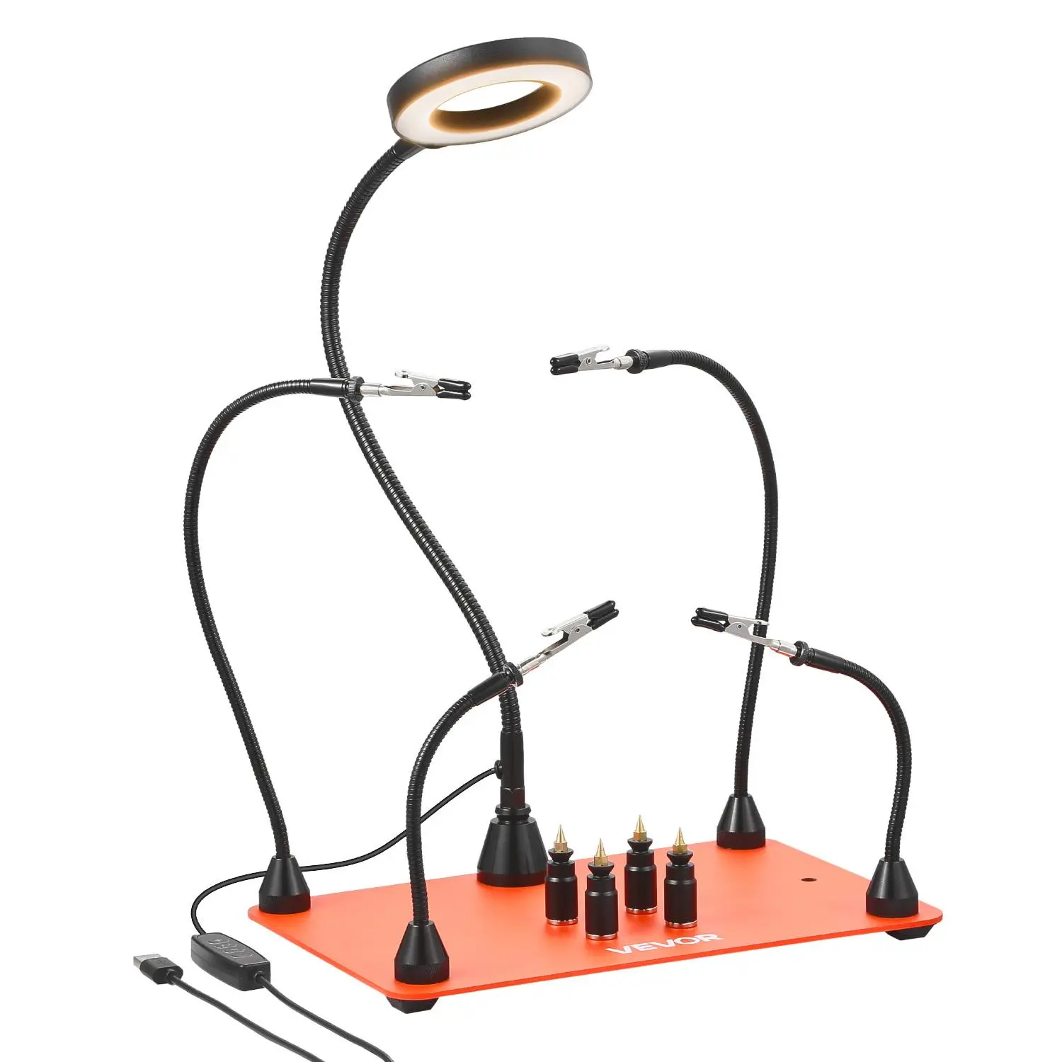 VEVOR Magnetic Helping Hands Soldering Station Tool Kit, 4 Flexible Arms Third Hand Tool, 3X LED Magnifier Lamp, 4 PCB Pillar Holders, Heavy-Duty Steel Base, Adjustable Lights for Electronic Repair, Arts and Crafts | Father's Day Gift, 2-In-1 Upgraded