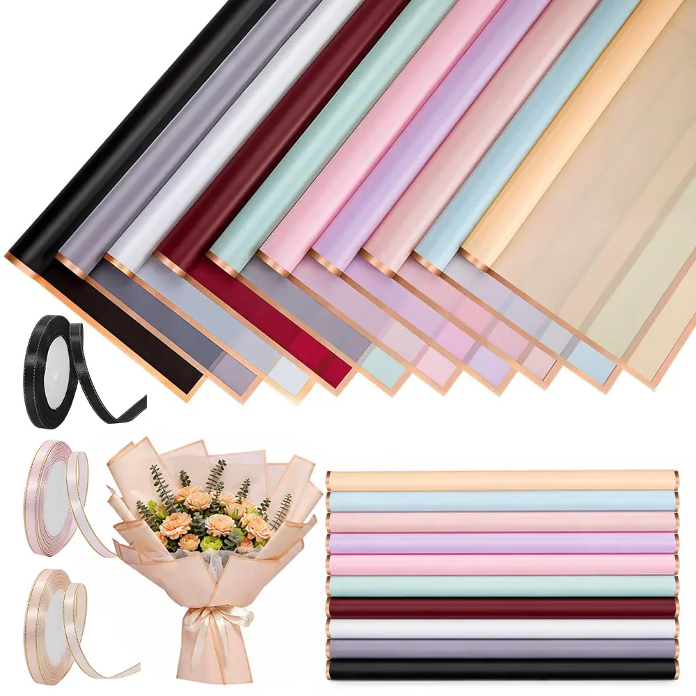 100 Sheets Flower Wrapping Paper with Pure Color Flower Bouquet Wrapping Paper for Waterproof DIY Crafts Packaging, 22.4 x22.4 inch with 3 Ribbons