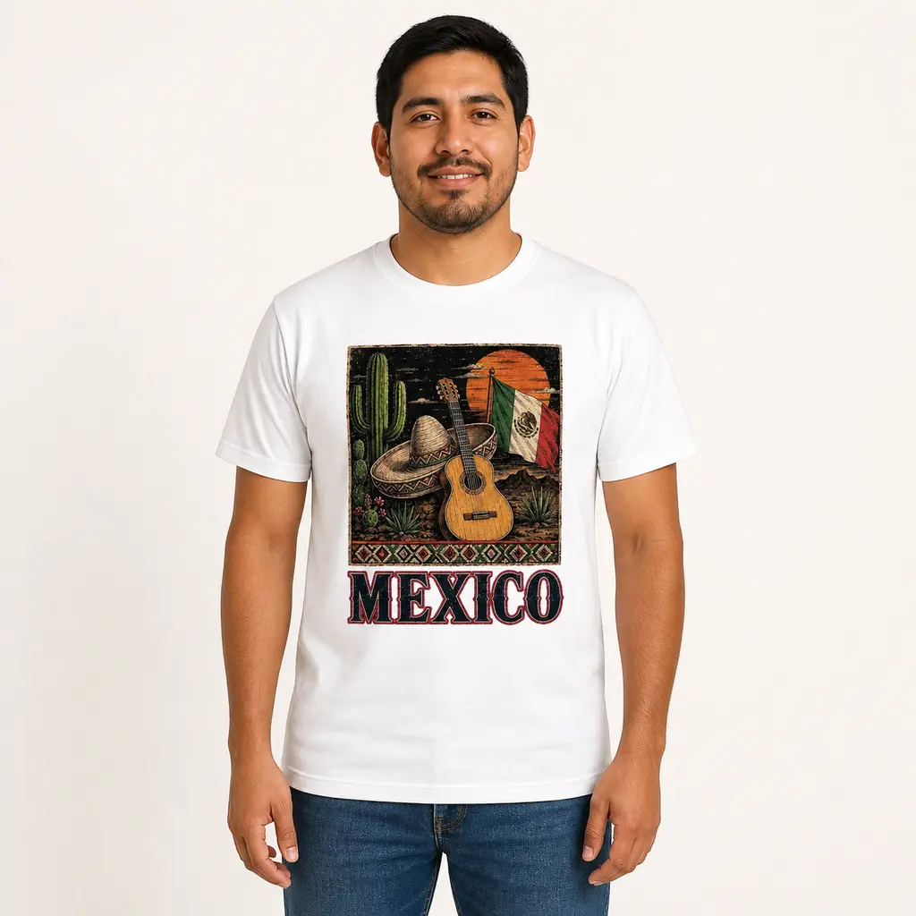 CARPESUN Mexico T-Shirt Cactus Sombrero Guitar Vintage Art 220GSM Combed Cotton Mexican Pride Unisex Breathable Short Sleeve Latin Heritage Festival Souvenir Top